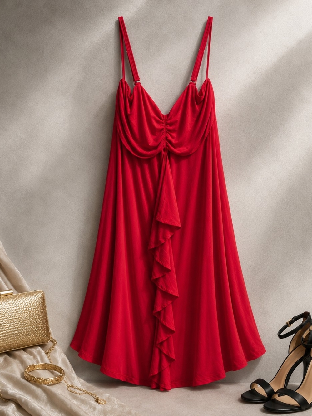 Addition Elle 2X Red Cowl Neck Ruffle Dress Plus Size